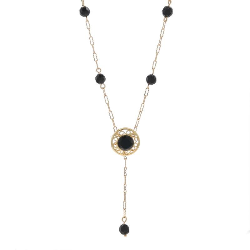 Metal Content: 14k Yellow Gold

Stone Information

Natural Onyx
Cut: Beads and Round

Style: Lariat
Chain Style: Fancy Paperclip
Necklace Style: Station
Fastening Type: Spring Ring Clasp

Measurements

Tall (from stationary bail): 1 23/32