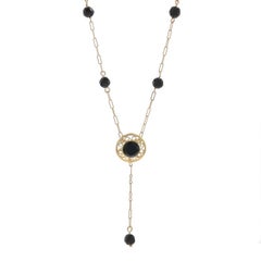 Yellow Gold Onyx Fancy Paperclip Station Necklace 16 3/4" - 14k Lariat
