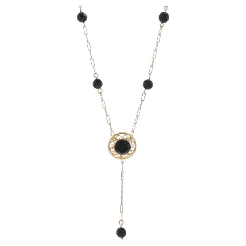 Yellow Gold Onyx Fancy Paperclip Station Necklace 16 3/4" - 14k Lariat For Sale
