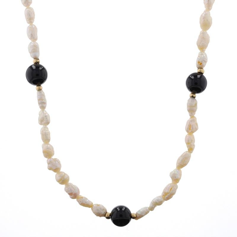 Yellow Gold Onyx & Freshwater Keshi Pearl Beaded Station Necklace 31 1/2