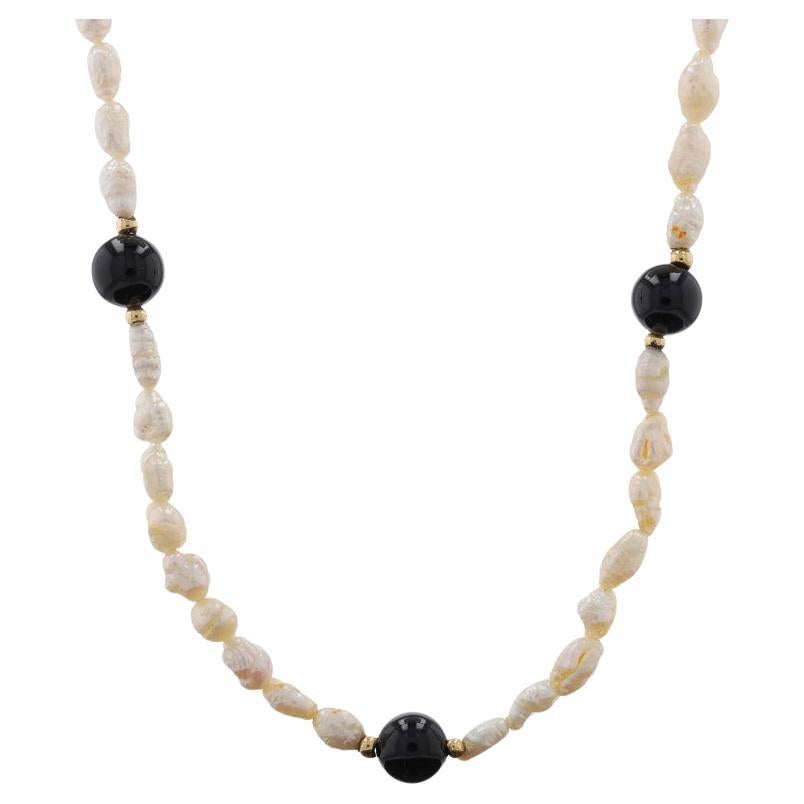 Yellow Gold Onyx & Freshwater Keshi Pearl Beaded Station Necklace 31 1/2" - 14k For Sale