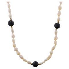 Yellow Gold Onyx & Freshwater Keshi Pearl Beaded Station Necklace 31 1/2" - 14k