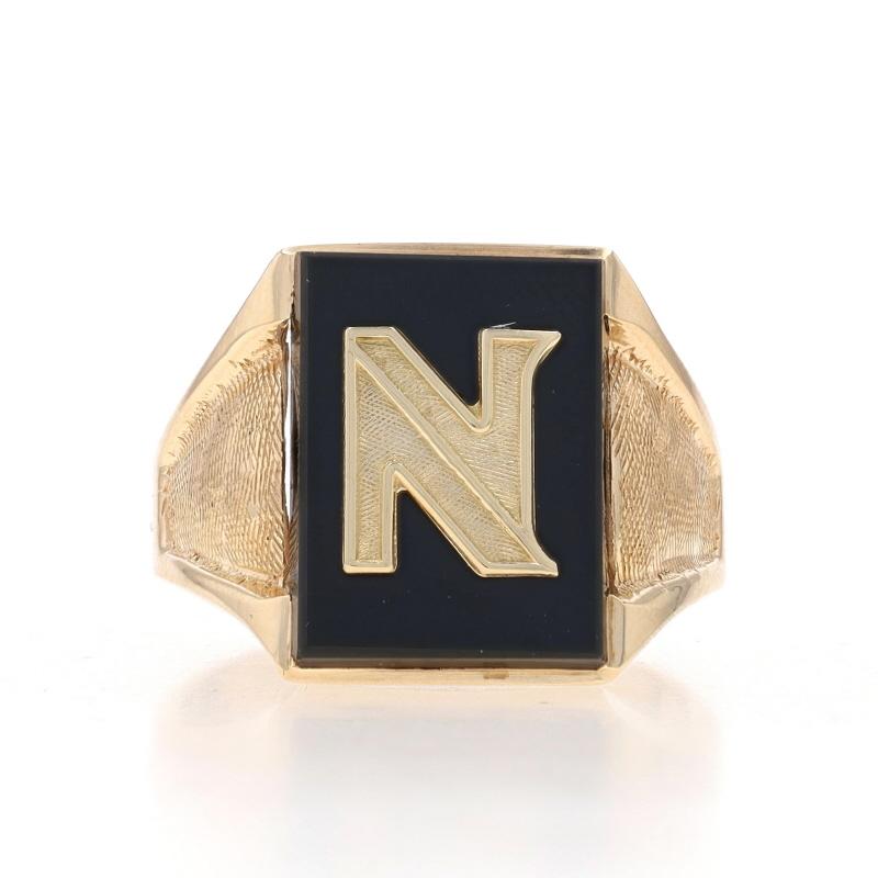 Metal Content: 10k Yellow Gold

Stone Information
Natural Onyx
Color: Black
Size: 15.8mm x 11.9mm

Style: Signet
Theme: Initial N, Monogram Letter
Features: Smoothly Finished with Crosshatched Detailing

Measurements
Face Height (north to south):
