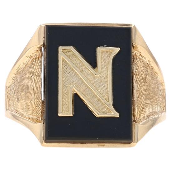 Yellow Gold Onyx Initial N Signet Men's Ring - 10k Monogram Letter