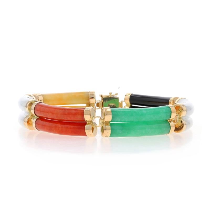 Metal Content: 14k Yellow Gold

Stone Information
Natural Onyx
Color: Black

Natural Jadeite
Treatment: Routinely Enhanced
Color: White, Green, Orangey Red, & Yellow

Style: Double Link
Fastening Type: Tab Box Clasp with One Side Safety Clasp
Theme:
