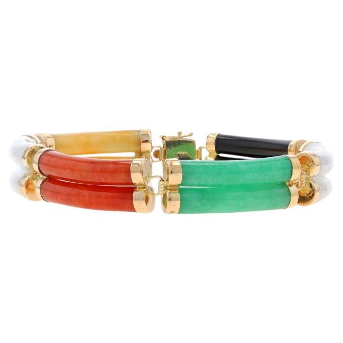 Yellow Gold Onyx & Jadeite Double Link Bracelet 7 1/4" - 14k Good Fortune For Sale