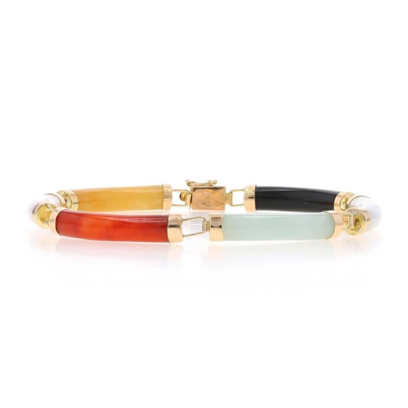 Metal Content: 14k Yellow Gold

Stone Information
Natural Onyx
Color: Black

Natural Jadeite
Treatment: Routinely Enhanced
Color: White, Green, Orangey Red, & Yellow

Style: Link
Fastening Type: Tab Box Clasp with One Side Safety Clasp
Theme: