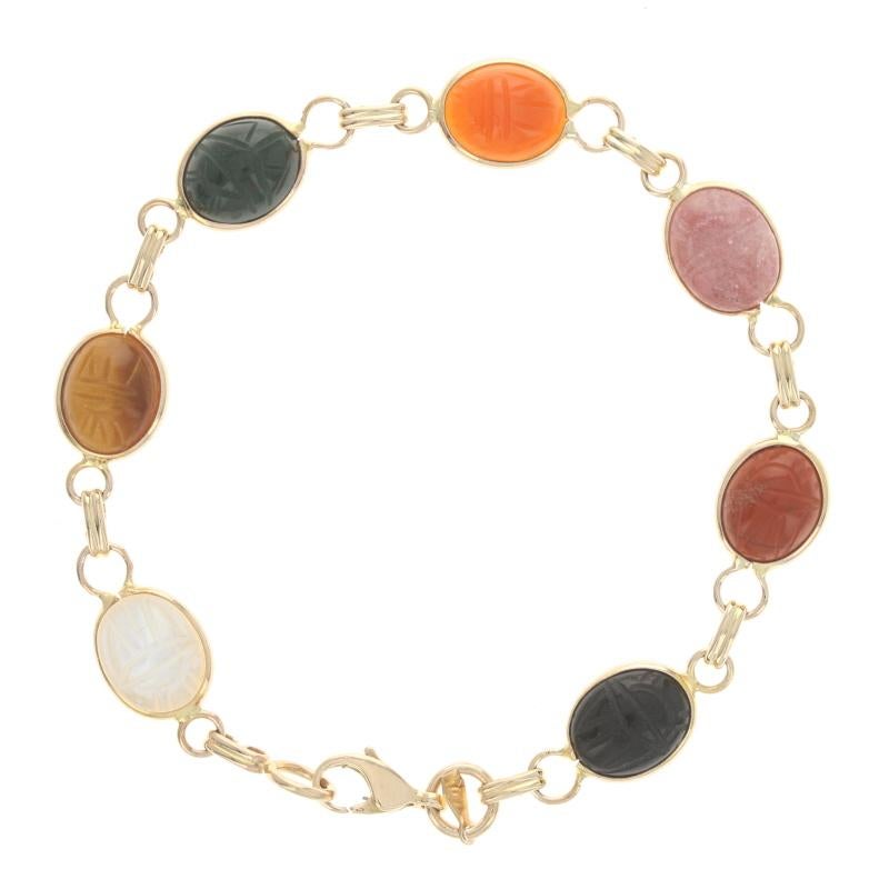 Oval Cut Yellow Gold Onyx Jasper Carnelian Vintage Scarab Beetle Link Bracelet 6 3/4