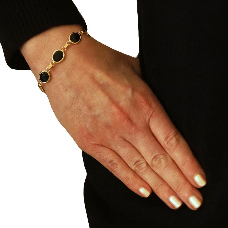 Taille ronde Bracelet à maillons en or jaune et onyx 7 1/4