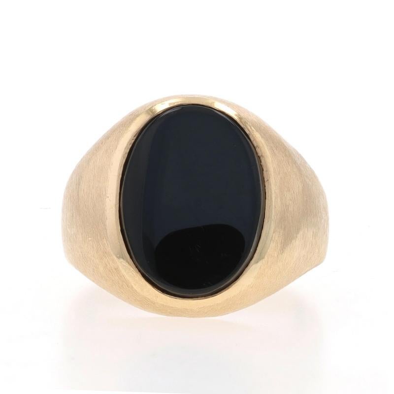 Size: 9 3/4
Sizing Fee: Up 1/2 a size for $30 or Down 1/2 a size for $30

Metal Content: 10k Yellow Gold

Stone Information

Natural Onyx
Color: Black
Size: 15.6mm x 11.6mm

Style: Solitaire
Features: Brushed Detailing

Measurements

Face Height