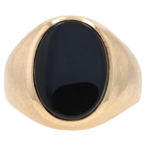 Yellow Gold Onyx Men's Ring - 10k Solitaire Brushed For Sale