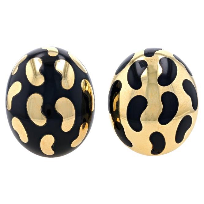Yellow Gold Onyx Mismatch Jelly Bean Pattern Large Oval Stud Earrings 18k Inlay For Sale