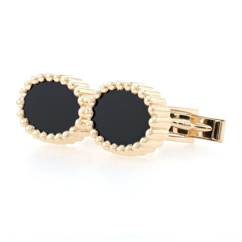 Metal Content: 14k Yellow Gold 

Stone Information: 
Genuine Onyx
Color: Black   

Features: Ribbed Borders  

Each Cufflink's Face: 
Tall: 19/32
