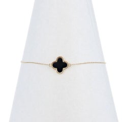 Yellow Gold Onyx Quatrefoil Station Bracelet - 14k Flower Chain Adjustable