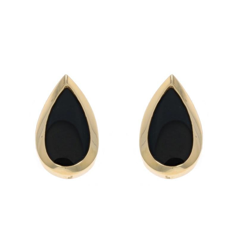 Metal Content: 14k Yellow Gold

Stone Information

Natural Onyx
Color: Black

Style: Short Drop
Fastening Type: Butterfly Closures
Theme: Teardrop

Measurements

Tall: 19/32