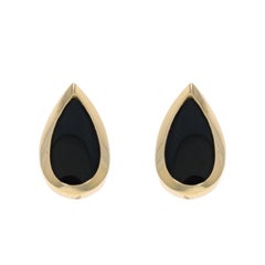 Yellow Gold Onyx Short Drop Earrings - 14k Teardrop Pierced