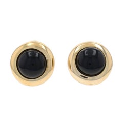 Yellow Gold Onyx Stud Earrings - 14k Round Cabochon Pierced
