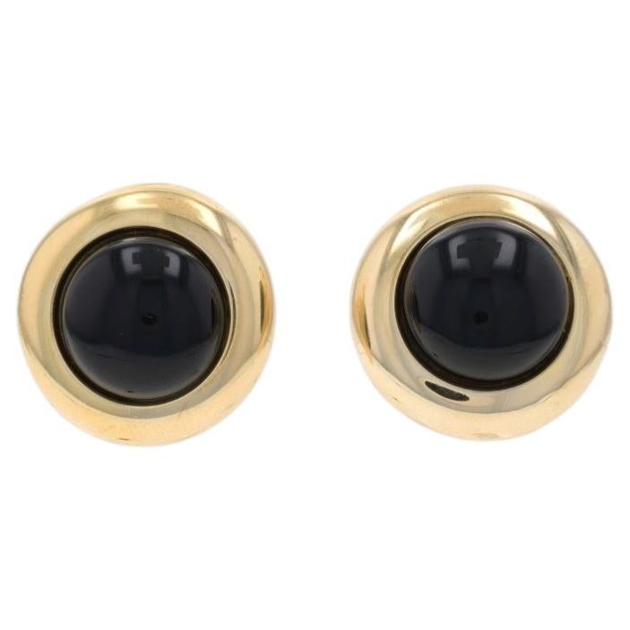 Yellow Gold Onyx Stud Earrings - 14k Round Cabochon Pierced
