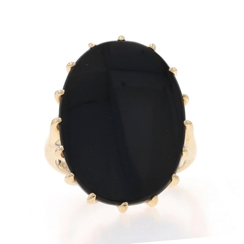 Size: 6
Sizing Fee: Up 1 1/2 sizes for $35 or Down 1 size for $35

Era: Vintage

Metal Content: 10k Yellow Gold

Stone Information

Natural Onyx
Color: Black

Style: Cocktail Solitaire

Measurements

Face Height (north to south): 15/16