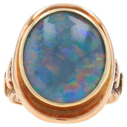 Yellow Gold Opal Antique Cocktail Solitaire Ring - 14k Triplet For Sale