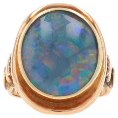 Yellow Gold Opal Antique Cocktail Solitaire Ring - 14k Triplet