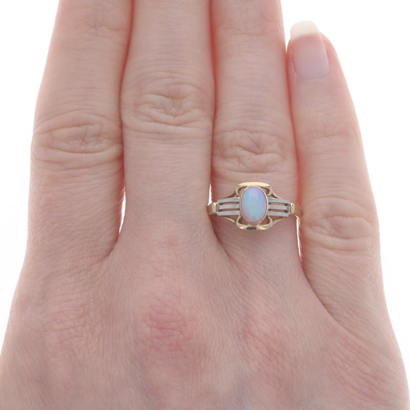 Oval Cut Yellow Gold Opal Art Deco Solitaire Ring - 14k Oval Cabochon .34ct