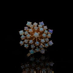 Yellow Gold Opal Cluster Cocktail Ring - 14k Round Cabochon 2.45ctw Floral Snowf