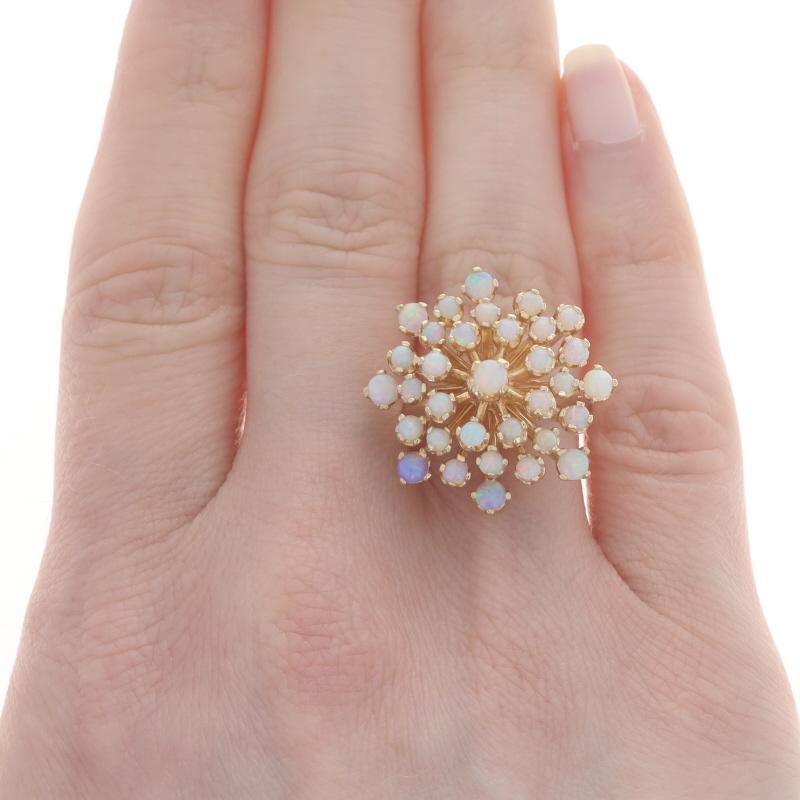 Round Cut Yellow Gold Opal Cluster Cocktail Ring - 14k Round Cabochon 2.45ctw Floral Snowf For Sale