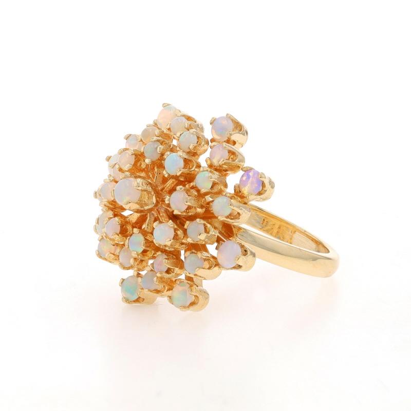 Yellow Gold Opal Cluster Cocktail Ring - 14k Round Cabochon 2.45ctw Floral Snowf In Excellent Condition For Sale In Greensboro, NC