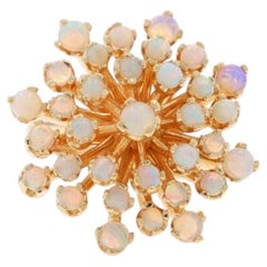 Yellow Gold Opal Cluster Cocktail Ring - 14k Round Cabochon 2.45ctw Floral Snowf