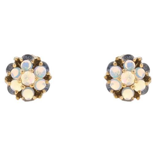 Yellow Gold Opal Cluster Halo Stud Earrings -14k Cabochon .28ctw Flowers Pierced