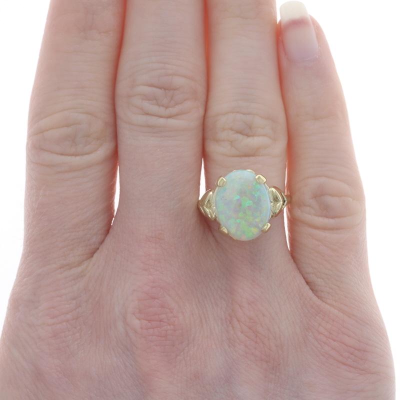 Oval Cut Yellow Gold Opal Cocktail Solitaire Ring - 14k Oval Cabochon 3.73ct For Sale