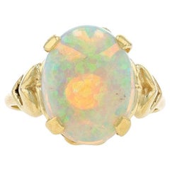 Yellow Gold Opal Cocktail Solitaire Ring - 14k Oval Cabochon 3.73ct