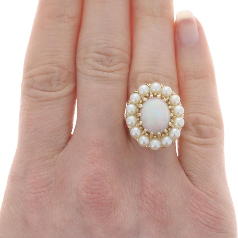 Oval Cut Yellow Gold Opal & Cultured Pearl Vintage Halo Ring - 14k Oval Cab 2.60ct Floral For Sale