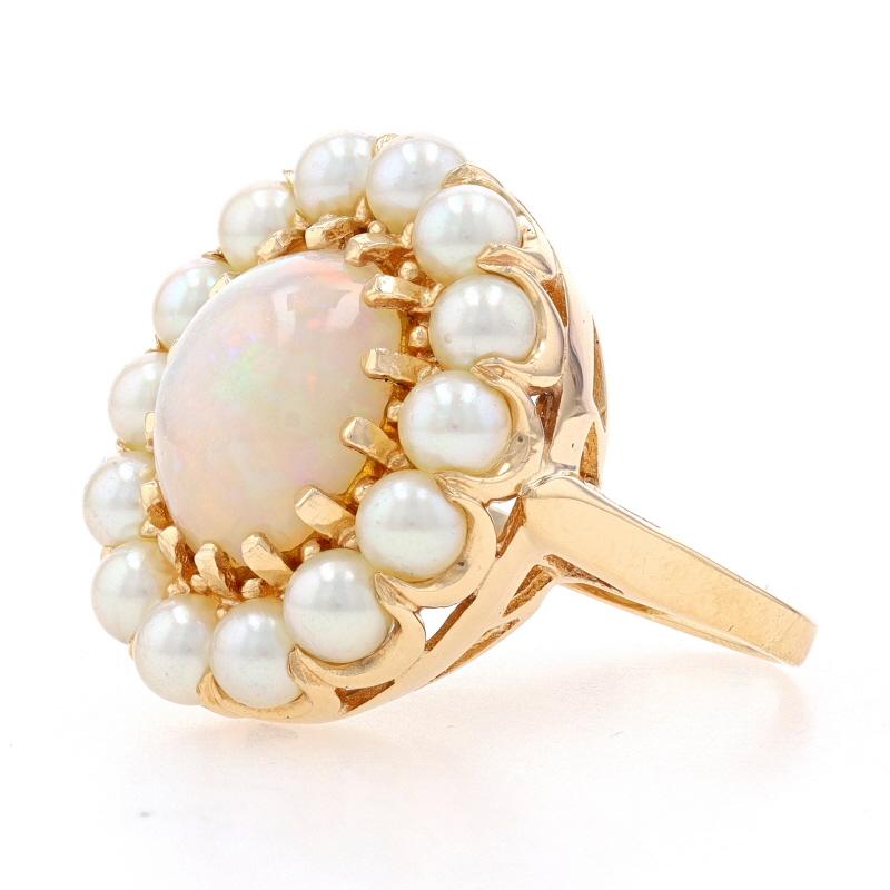 Yellow Gold Opal & Cultured Pearl Vintage Halo Ring - 14k Oval Cab 2.60ct Floral In Good Condition For Sale In Greensboro, NC