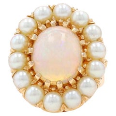 Yellow Gold Opal & Cultured Pearl Vintage Halo Ring - 14k Oval Cab 2.60ct Floral