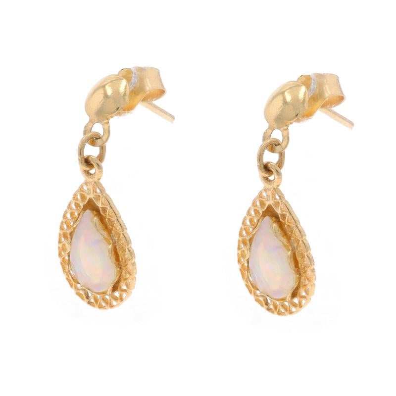 Pear Cut Yellow Gold Opal Dangle Earrings - 14k Pear Cabochon .52ctw Pierced For Sale