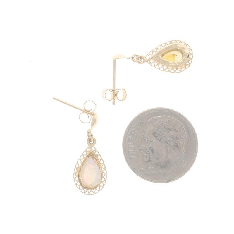 Yellow Gold Opal Dangle Earrings - 14k Pear Cabochon .52ctw Pierced In Excellent Condition For Sale In Greensboro, NC