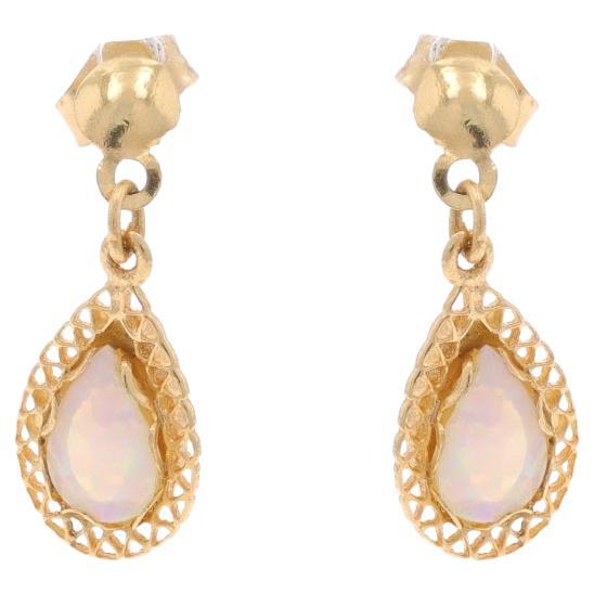 Yellow Gold Opal Dangle Earrings - 14k Pear Cabochon .52ctw Pierced