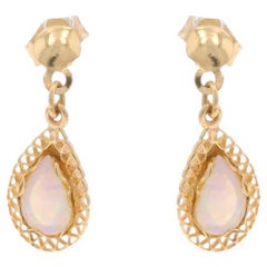 Yellow Gold Opal Dangle Earrings - 14k Pear Cabochon .52ctw Pierced