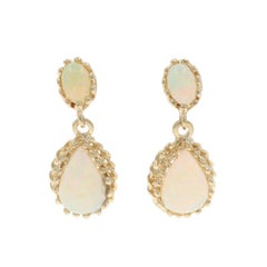 Yellow Gold Opal Dangle Earrings 14k Pear & Oval Cabochon 3.20ctw Pierced