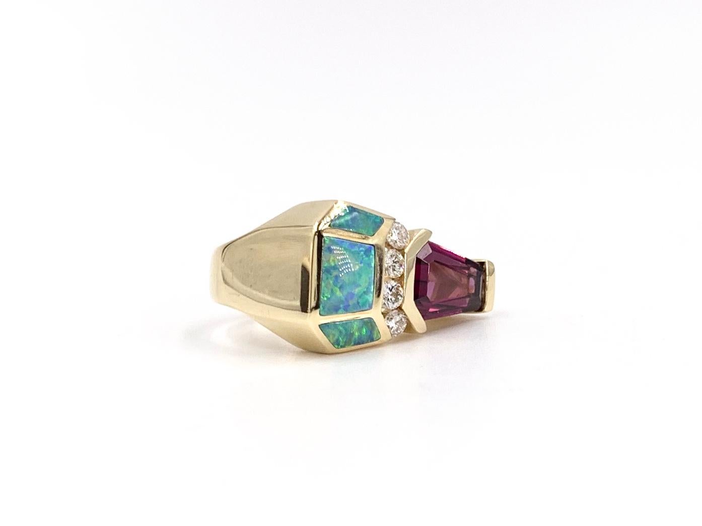 Yellow Gold Opal, Diamond and Rubellite Tourmaline Ring In Excellent Condition For Sale In Pikesville, MD