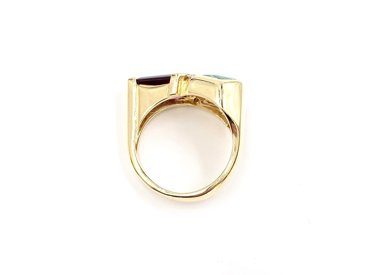 Mixed Cut Yellow Gold Opal, Diamond and Rubellite Tourmaline Ring For Sale