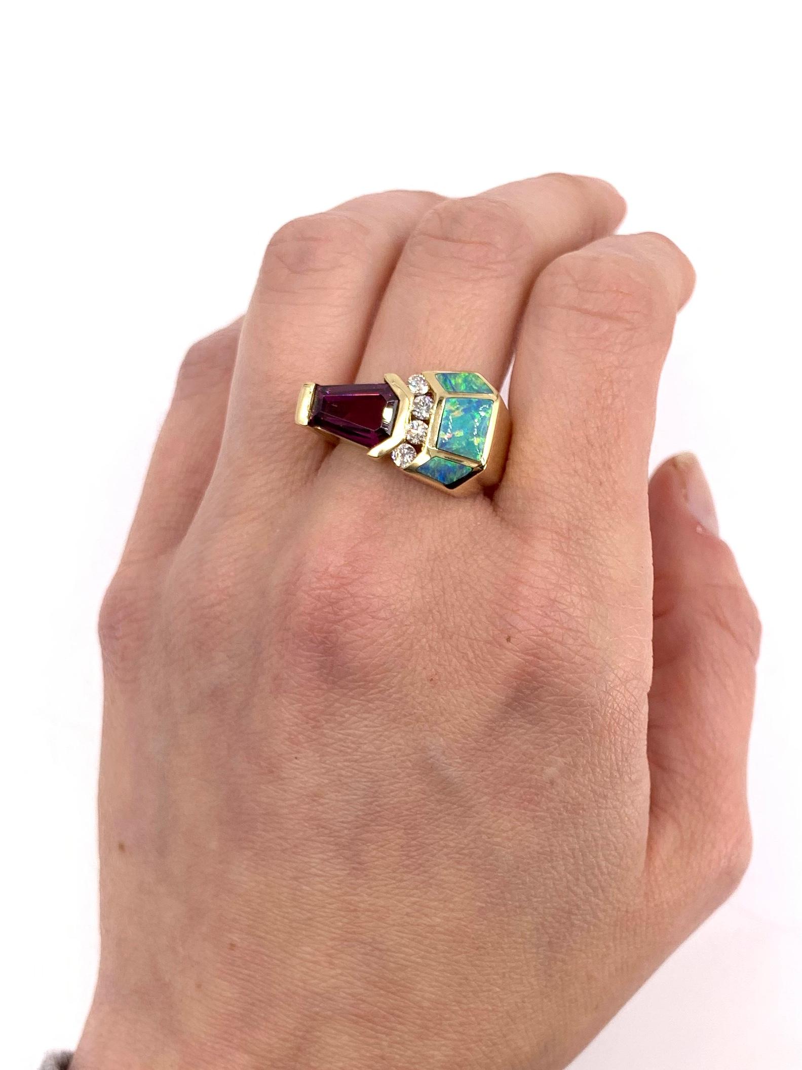 Modern Yellow Gold Opal, Diamond and Rubellite Tourmaline Ring For Sale