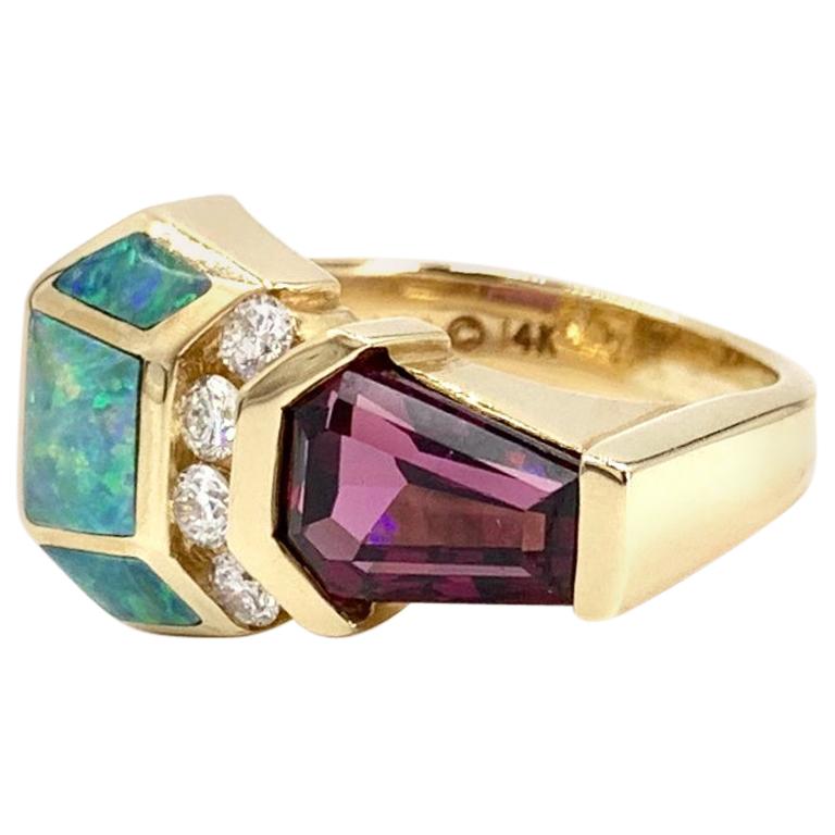 Yellow Gold Opal, Diamond and Rubellite Tourmaline Ring For Sale