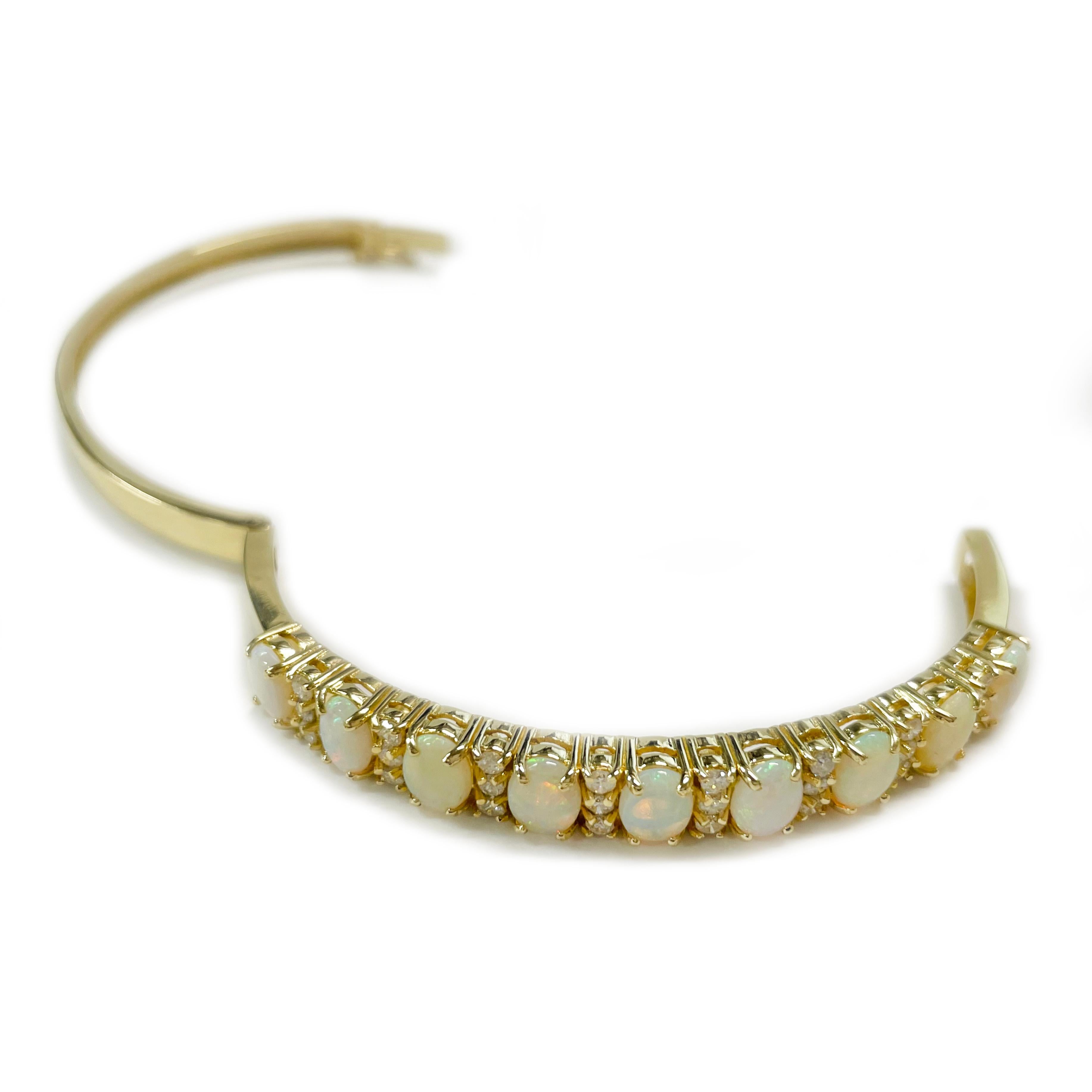 Retro Yellow Gold Opal Diamond Bangle Bracelet For Sale