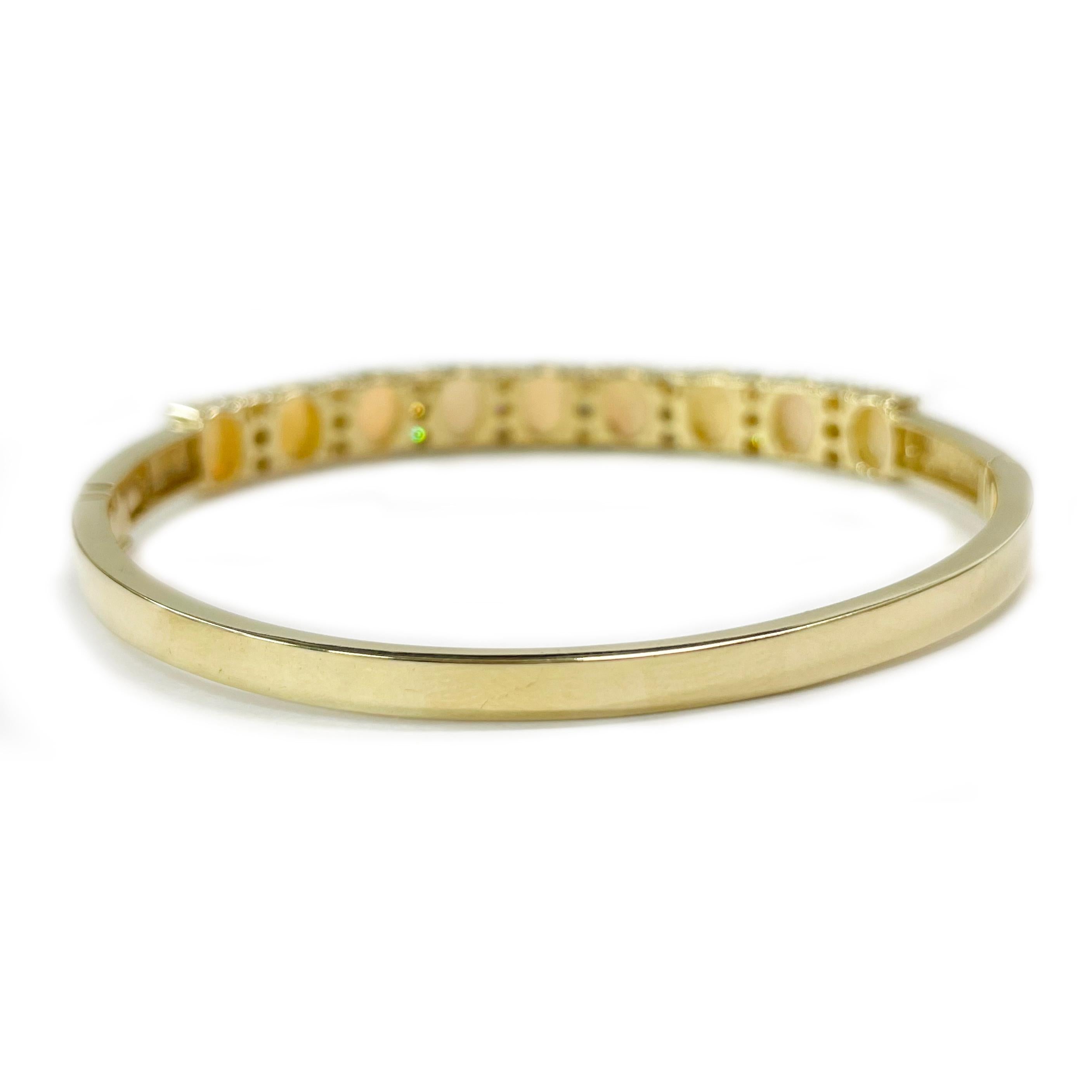 Cabochon Yellow Gold Opal Diamond Bangle Bracelet For Sale