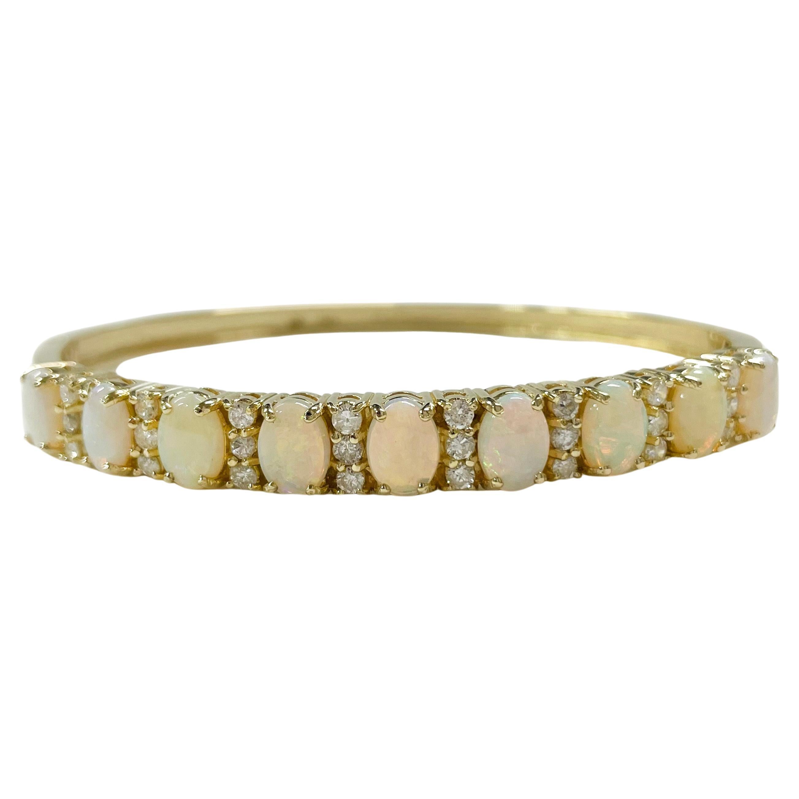 Yellow Gold Opal Diamond Bangle Bracelet For Sale