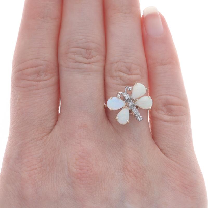 Pear Cut Yellow Gold Opal & Diamond Butterfly Ring - 14k Pear Cabochon 1.18ctw Nature For Sale