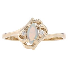 Yellow Gold Opal & Diamond Bypass Ring - 10k Marquise Cabochon .15ct